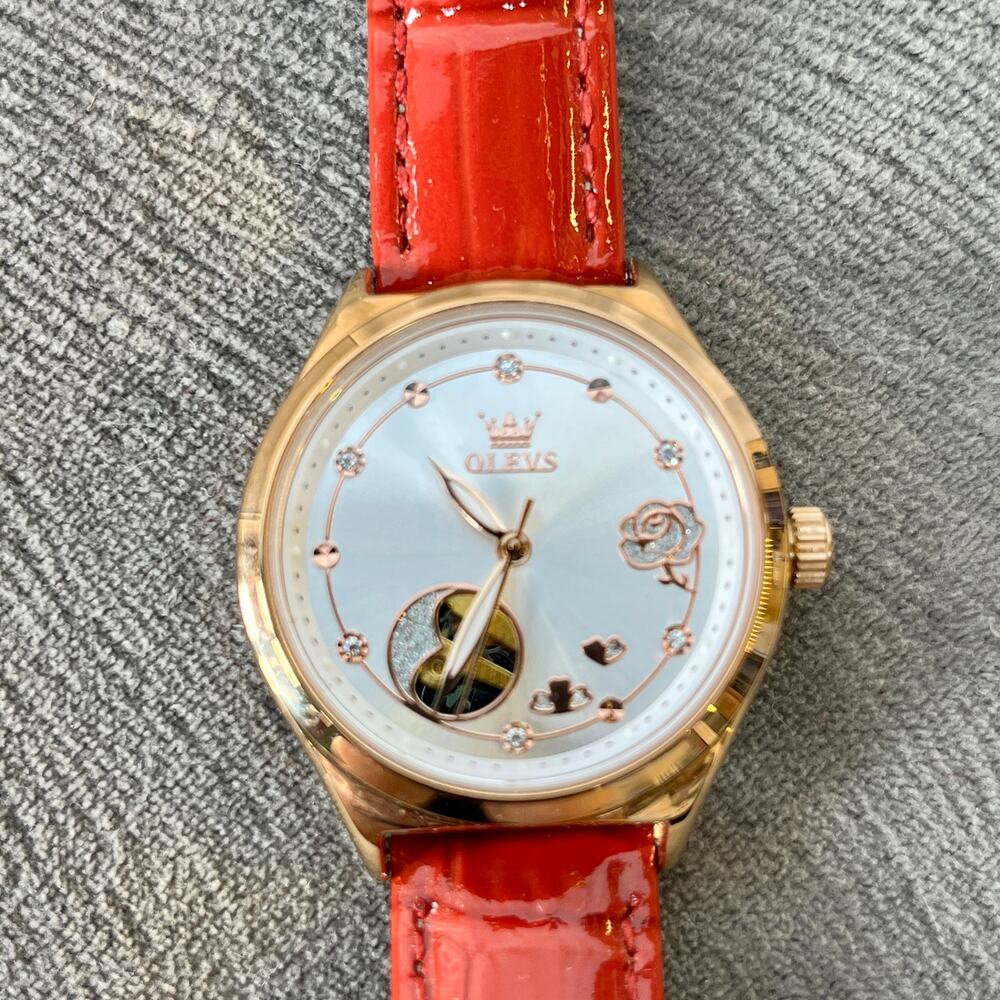 Olevs Women’s Wristwatch 6601 32mm Mechanical Movement Red Leather Strap Analog